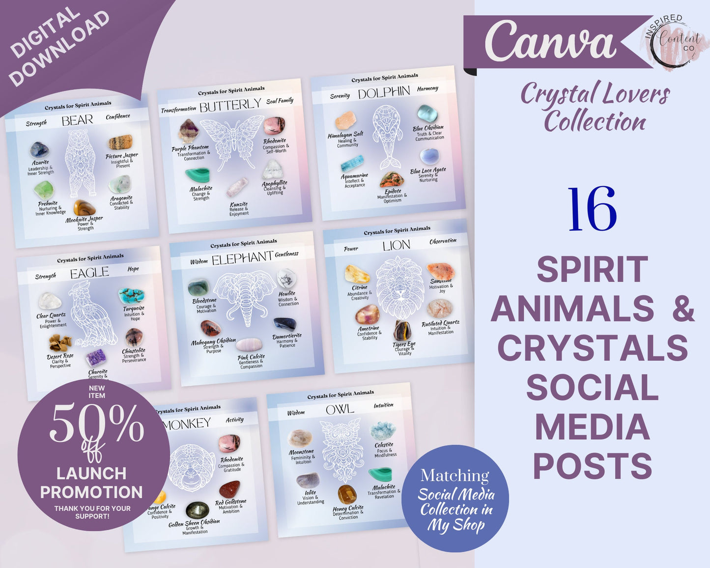 Spirit Animal Crystals Posts, Power Animal Social Media Posts, Spritiual Instagram Canva Template, Totem Animal & Associated Crystals Posts