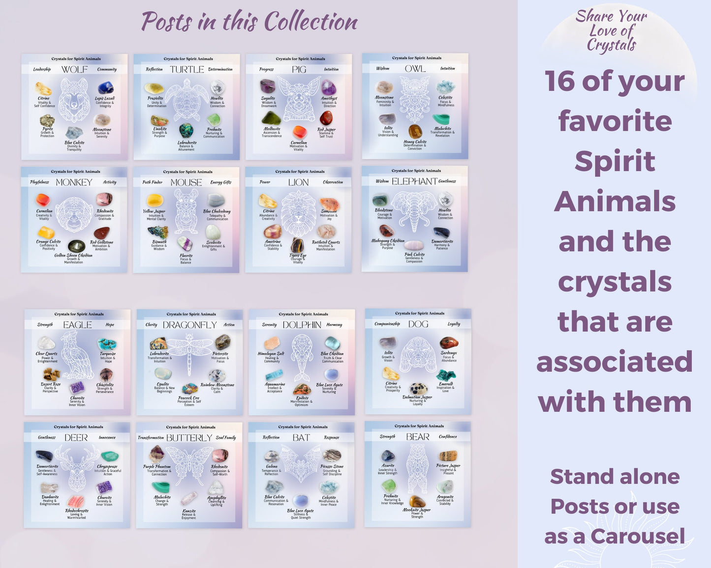 Spirit Animal Crystals Posts, Power Animal Social Media Posts, Spritiual Instagram Canva Template, Totem Animal & Associated Crystals Posts