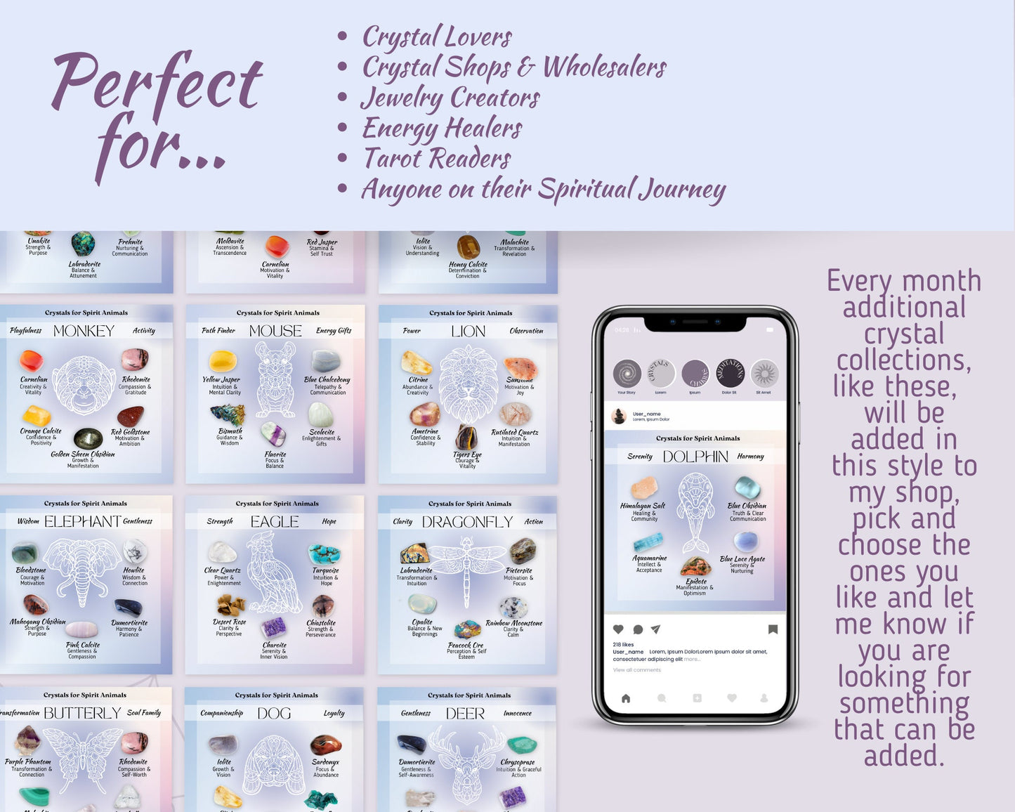 Spirit Animal Crystals Posts, Power Animal Social Media Posts, Spritiual Instagram Canva Template, Totem Animal & Associated Crystals Posts